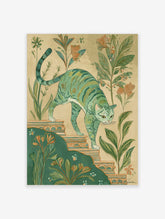 Illustrative green striped cat walking down ornate steps amidst botanical plants and peach flowers on a beige background