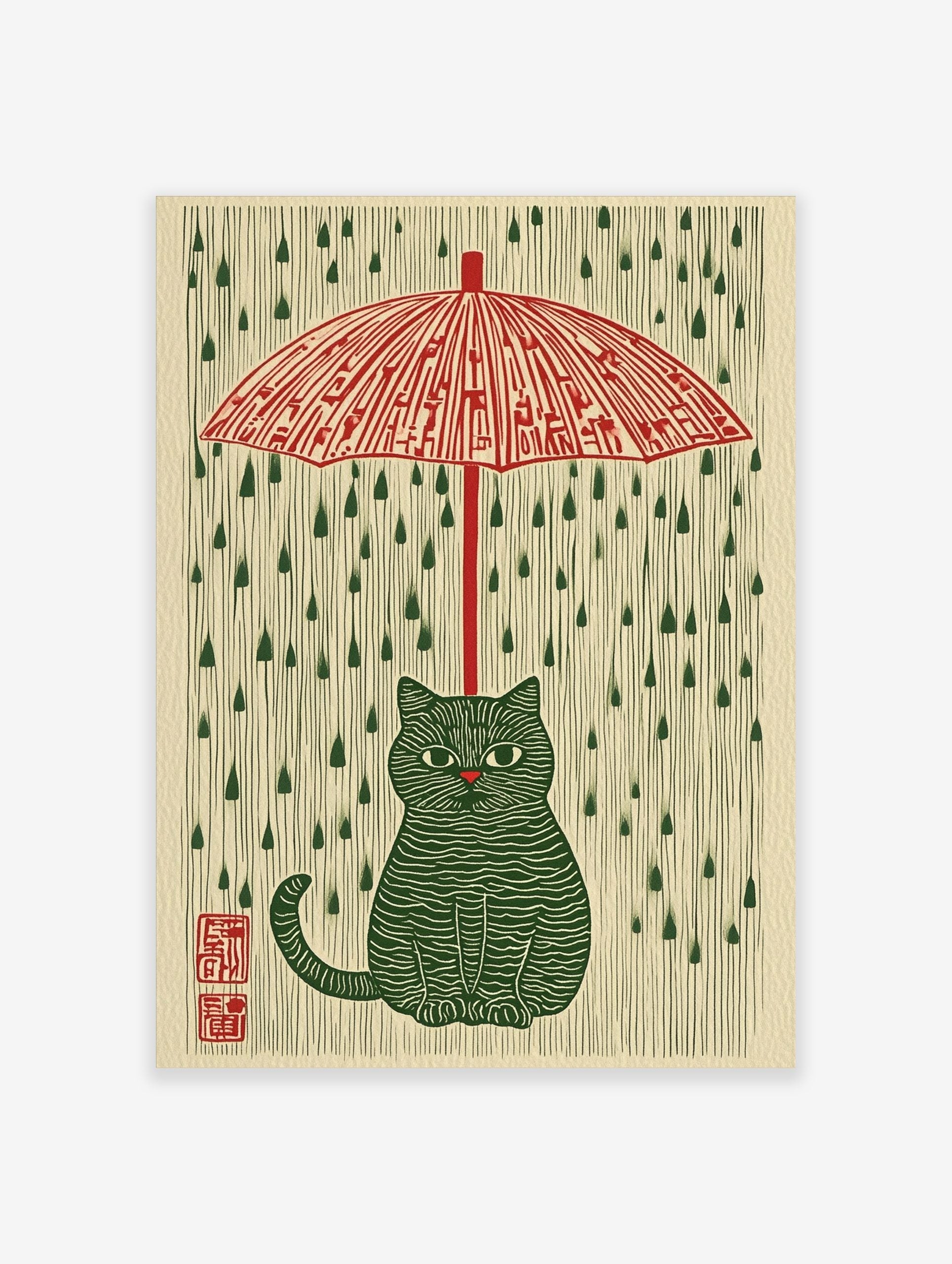 Illustrative green striped cat under a red umbrella with green raindrops on a cream background