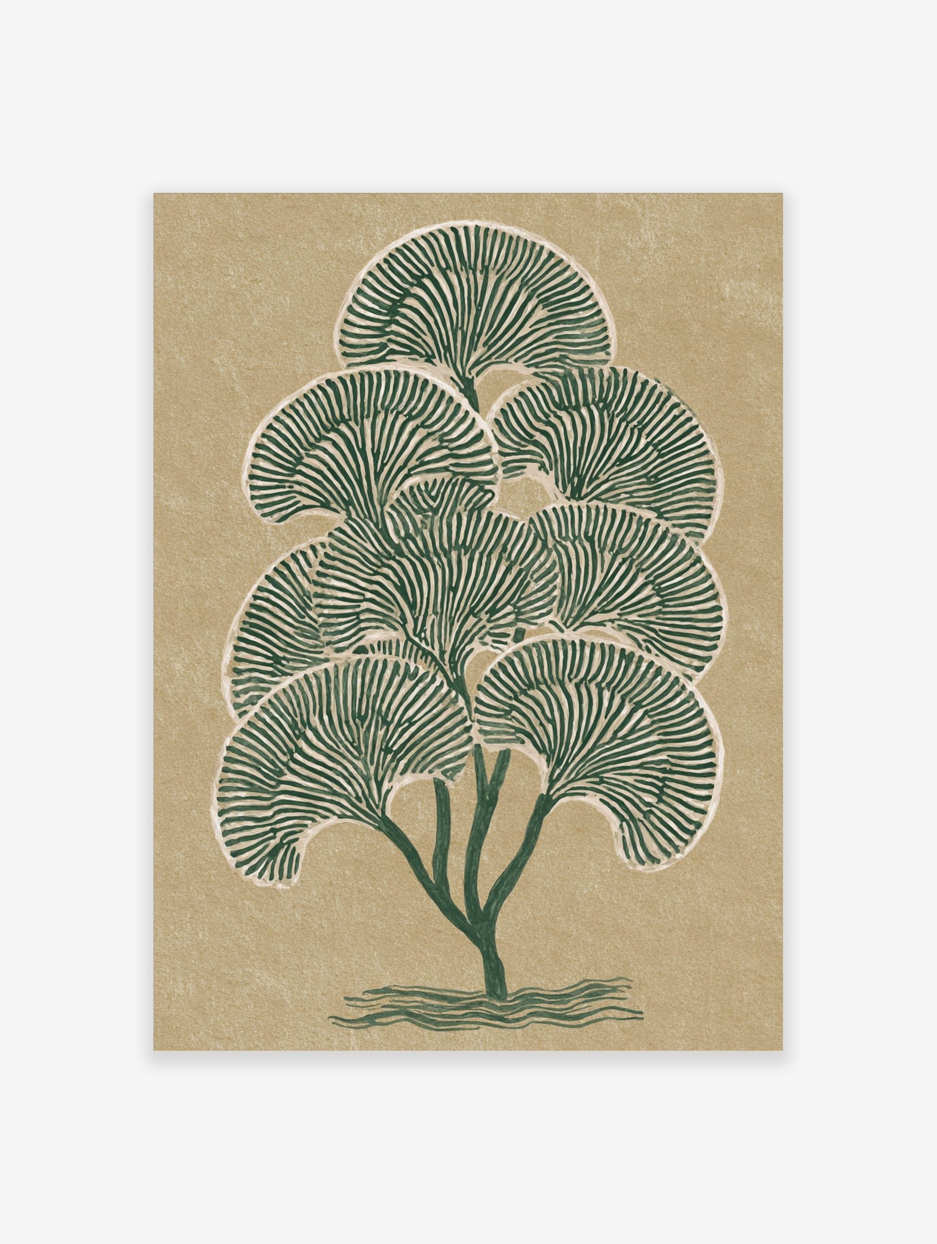 Green stylised tree botanical art print with fan-shaped leaves on a textured beige background