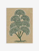 Green stylised tree botanical art print with fan-shaped leaves on a textured beige background