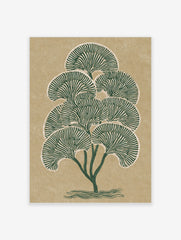 Green stylised tree botanical art print with fan-shaped leaves on a textured beige background