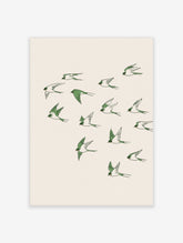 Green swallow bird illustration art print with flying birds on a cream background