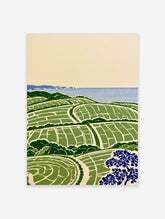 Green terraced fields landscape art print with blue ocean, layered hills and navy tree