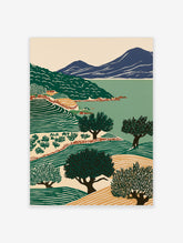 Green terraced landscape poster with olive trees, striped fields, blue mountains, and calm water