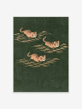 Three tigers swimming through stylised golden waves on a deep green background, Japanese-style animal poster