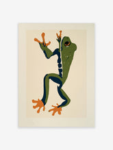 Green tree frog art print with orange feet and dark blue limbs on a cream background