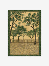 Illustrative green trees wall art print depicting a peaceful outdoor scene with a wooden deck, fence, and lush foliage.