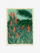 Tropical leaf wall art with dark green palm fronds and red ginger flowers on a teal background