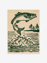 Green trout leaping from water with splash and pine trees on beige background art print