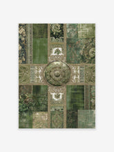 Green vintage wall art with ornate botanical tapestry, patchwork design, and central medallion detail