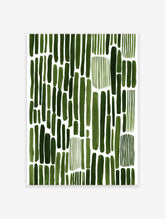 Abstract green brushstroke pattern wall art print on a white background, featuring varying vertical strokes.