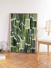 Abstract green brushstroke pattern wall art print on a white background, featuring varying vertical strokes. - Image 2