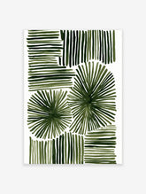 Green abstract botanical wall art with horizontal, vertical, and radial brushstrokes on a white background.