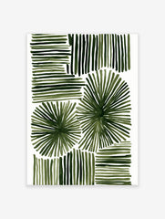 Green abstract botanical wall art with horizontal, vertical, and radial brushstrokes on a white background.