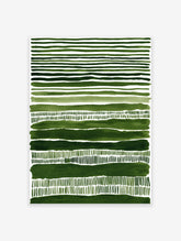 Green Wall Art with abstract watercolor stripes and short vertical dashes on a white background, creating a patterned design.