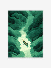 Illustration of a lone boat with a person rowing on a light green river surrounded by dark green swirling landscapes.