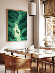 Illustration of a lone boat with a person rowing on a light green river surrounded by dark green swirling landscapes. - Image 3