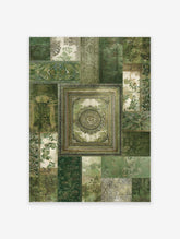 Vintage green wall art collage featuring ornate botanical and damask patterns with a central framed medallion design.
