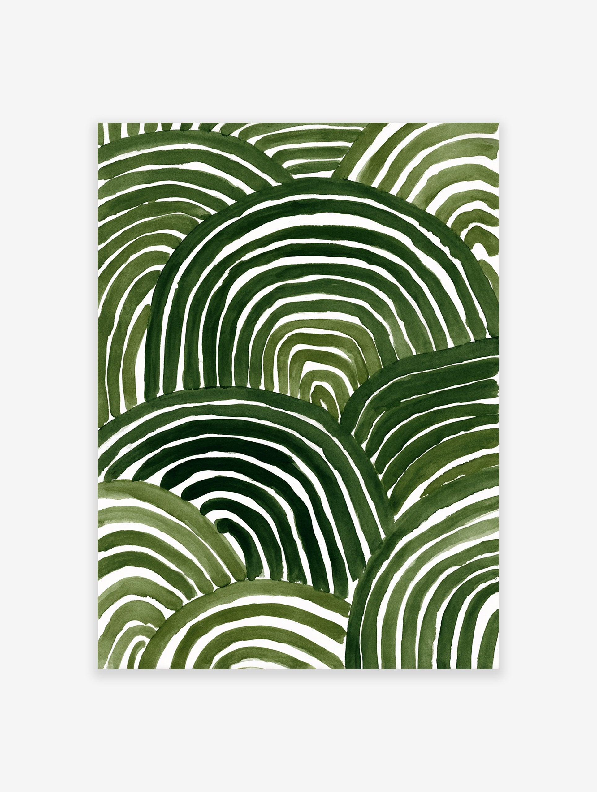 Abstract green watercolor stripes forming organic shapes on a white background, suggesting rolling hills or waves.