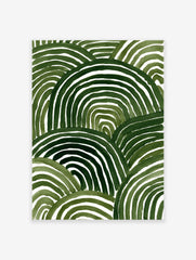 Abstract green watercolor stripes forming organic shapes on a white background, suggesting rolling hills or waves.