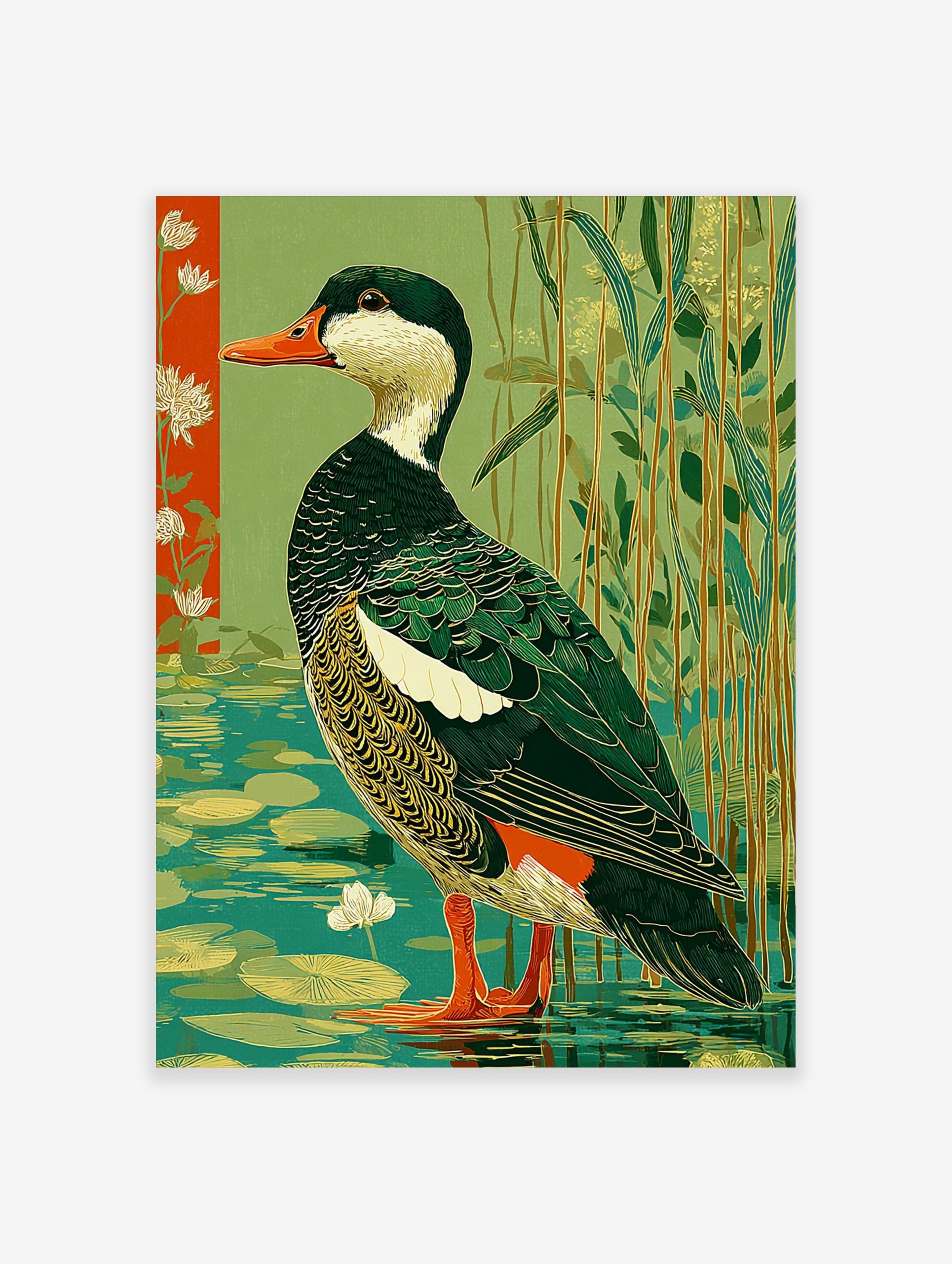 Illustrative green waterfowl duck standing in water with lily pads, reeds, and a red floral border