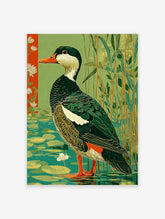 Illustrative green waterfowl duck standing in water with lily pads, reeds, and a red floral border