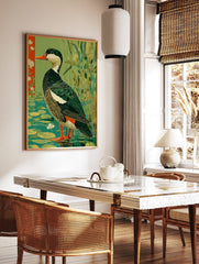 Illustrative green waterfowl duck standing in water with lily pads, reeds, and a red floral border, in a styled room mockup