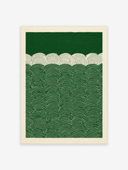 Green and white abstract wave pattern print with repeating semicircular lines in a graphic, modern style