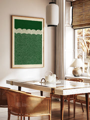 Green and white abstract wave pattern print with repeating semicircular lines in a graphic, modern, in a styled room mockup