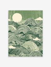 Green waves poster with stylized ocean ripples, a circular sun, and clouds in a linocut-inspired art style.