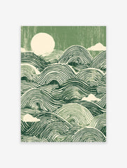 Green waves poster with stylized ocean ripples, a circular sun, and clouds in a linocut-inspired art style.