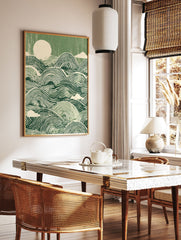 Green waves poster with stylized ocean ripples, a circular sun, and clouds in a linocut-inspired art style. - Image 2