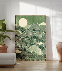 Green waves poster with stylized ocean ripples, a circular sun, and clouds in a linocut-inspired art style. - Image 3