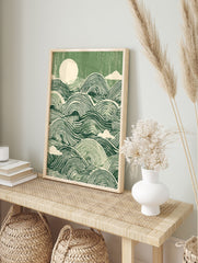 Green waves poster with stylized ocean ripples, a circular sun, and clouds in a linocut-inspired art style. - Image 4