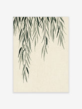 Green willow branch watercolour art print with cascading leaves on beige background