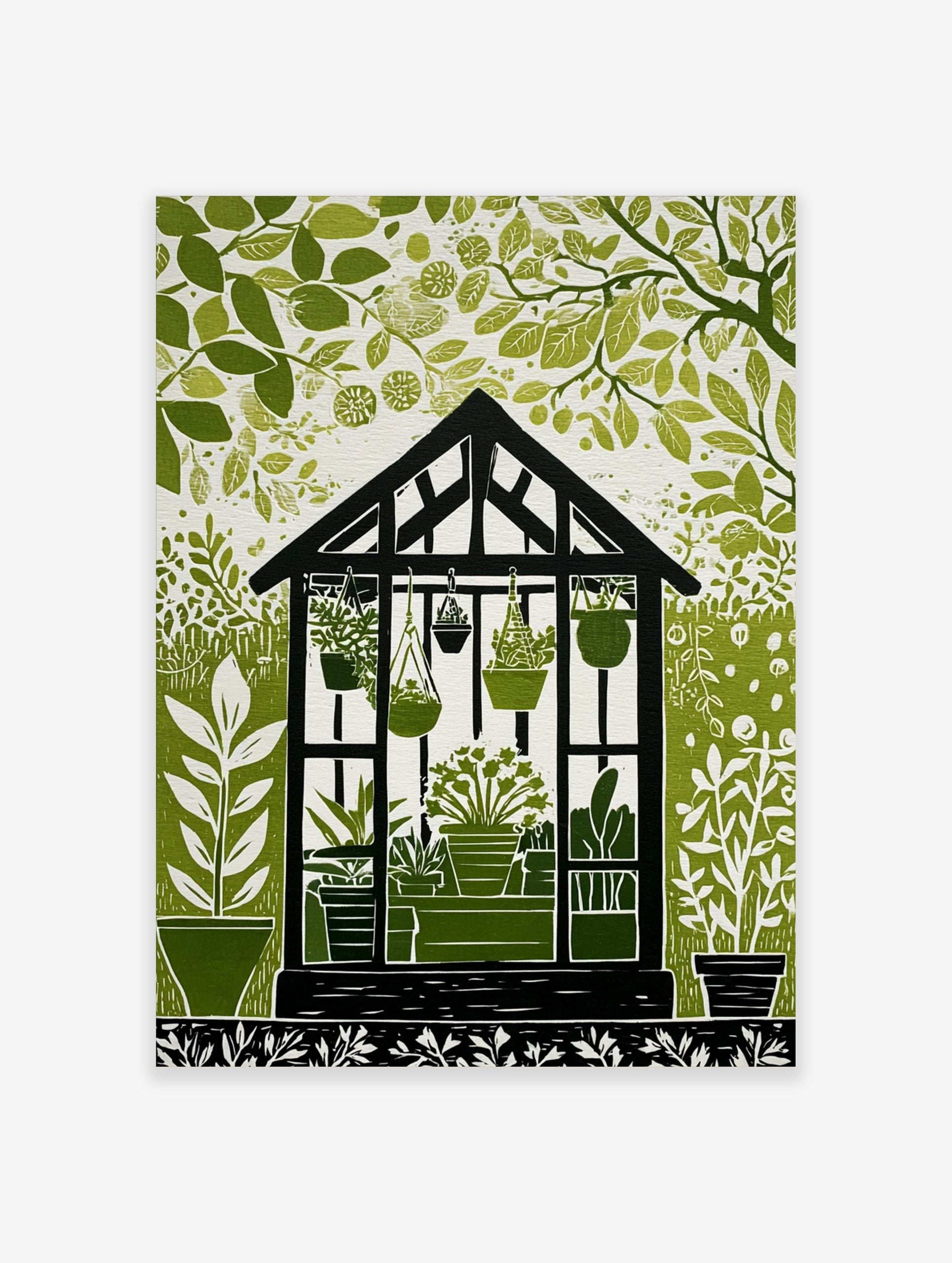 Illustrative green and white greenhouse botanical print with potted plants and surrounding foliage
