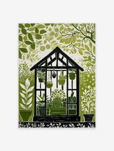 Illustrative green and white greenhouse botanical print with potted plants and surrounding foliage