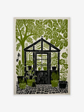 Greenhouse garden linocut print with potted plants, lush trees, and cobblestone path in green and black
