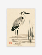 Grey heron Japanese ink wash print with tall reeds and water reflections on beige background