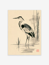Japanese ink wash grey heron art print with reeds and red seal on cream paper