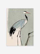 Minimalist grey heron art print with pale blue wing and coral beak on grey background