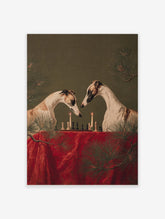Two greyhounds playing chess by candlelight on a red table, with pine branches, against a green background