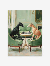 Whimsical painting of two greyhound dogs, one black and one fawn, playing chess in green armchairs in an elegant room.