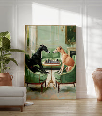 Whimsical painting of two greyhound dogs, one black and one fawn, playing chess in green armchairs in an elegant room. - Image 3
