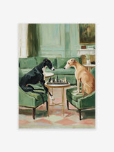 Painting of two greyhound dogs playing chess in an elegant green room, one black and one tan, facing each other.