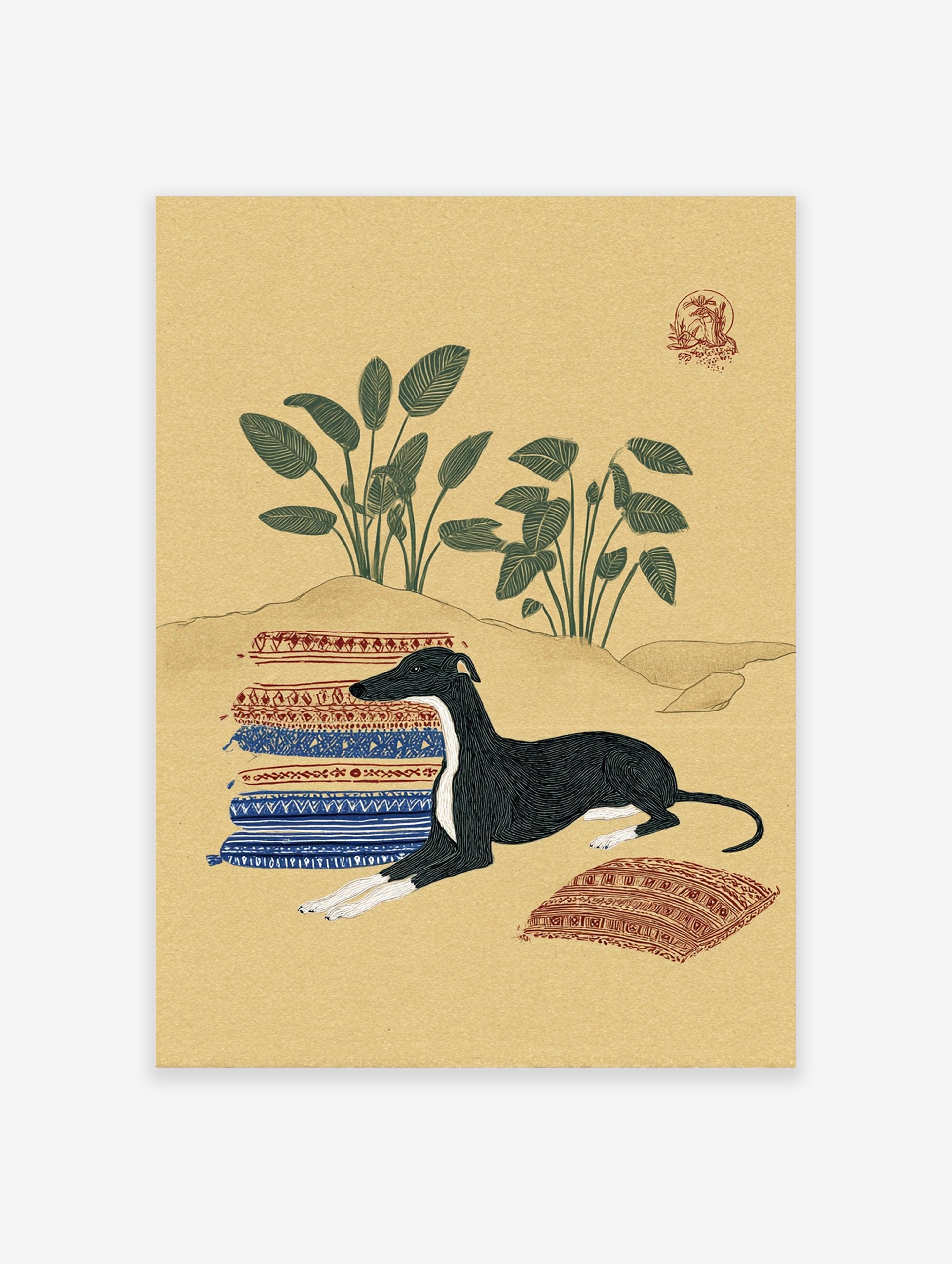 Illustrative art print featuring a black and white Greyhound dog lying on patterned rugs in a desert landscape with green plants.