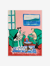 Illustrative art print of two greyhound dogs reading newspapers in a pink and green room with a black cat and seascape painting.