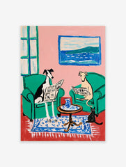Illustrative art print of two greyhound dogs reading newspapers in a pink and green room with a black cat and seascape painting.
