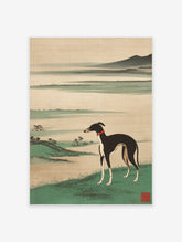 Elegant black and white greyhound dog in Japanese Ukiyo-e landscape art print with red collar and green grass.