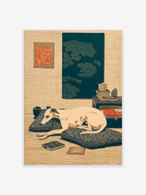 Japanese woodblock style greyhound dog wall art print showing a cream dog resting on cushions in a serene room with art.
